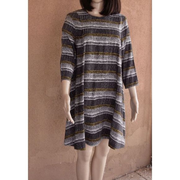 H&M Printed Shift Dress Striped Multi Color 3/4 Sleeve Womens Size 14 - Picture 1 of 8